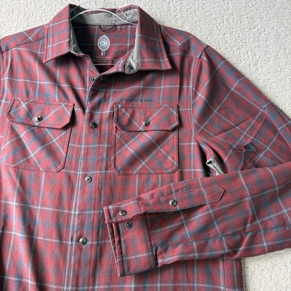Club Ride Flannel Shirt Mens Medium Red Plaid Technical Snap Cycles of Life